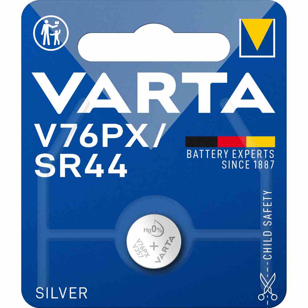 VARTA V76PX Knopfzelle, 1,55V, SR44, Silberoxid, 145mAh, Ø11,6x5,4mm, ELECTRONICS, VE = 1er Blister – V76PX