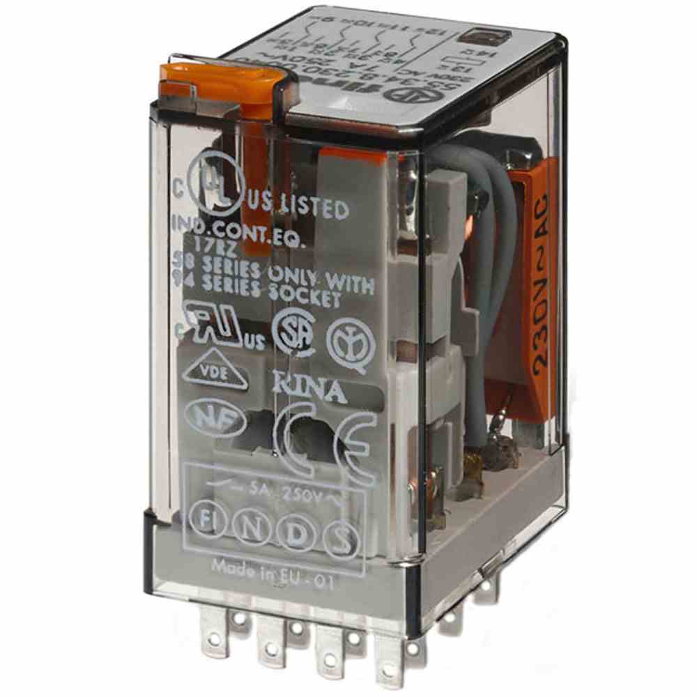 FINDER Relais, 4 Wechsler 7 A, Spule 230 V AC mit Steckanschlüssen, LED-Anzeige – 553482300050