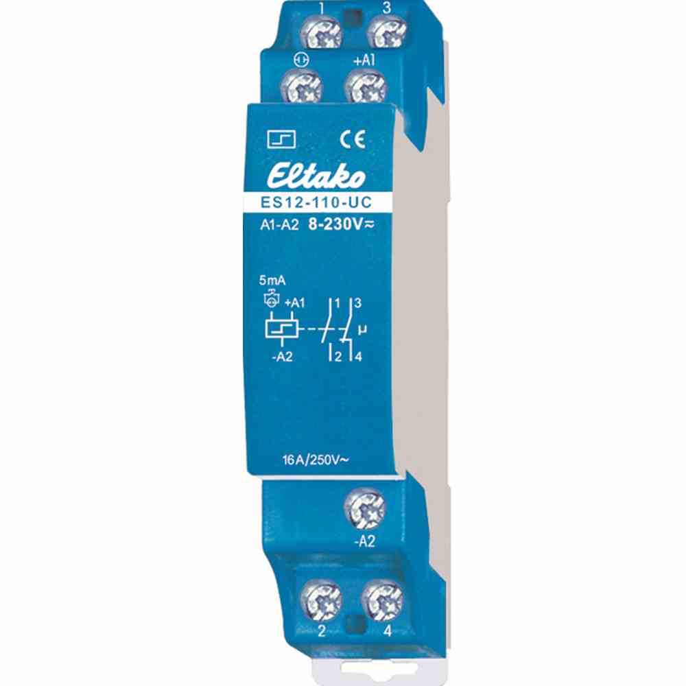 ELTAKO Stromstoßschalter, 8-230VAC/DC, 1S, 1Ö, 1TE, 16A, 250V, DIN-Schiene, T58mm, elektronisch Schalter – ES12-110-UC