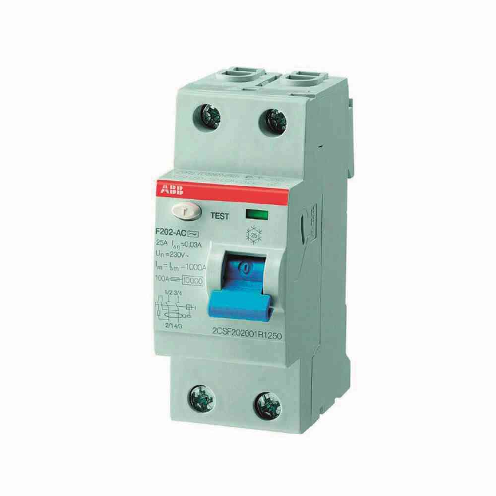 ABB FI-Schutzschalter, A, 2p, 230V, 25A, 0,3A, 2TE, DIN-Schiene(REG), 10kA, 0,25kA/stoß – F202A-25/0,3