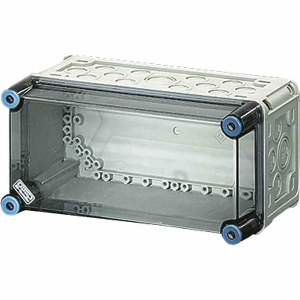 HENSEL Mi 0100 Leergehäuse mit transparentem Deckel, IP65, grau, Gehäusegröße 1, B 275 x H 125 x T 150 mm, max. Einbautiefe bei eingebauter Montageplatte 146 mm, bei eingebauter Tragschiene 135mm – Mi 0100