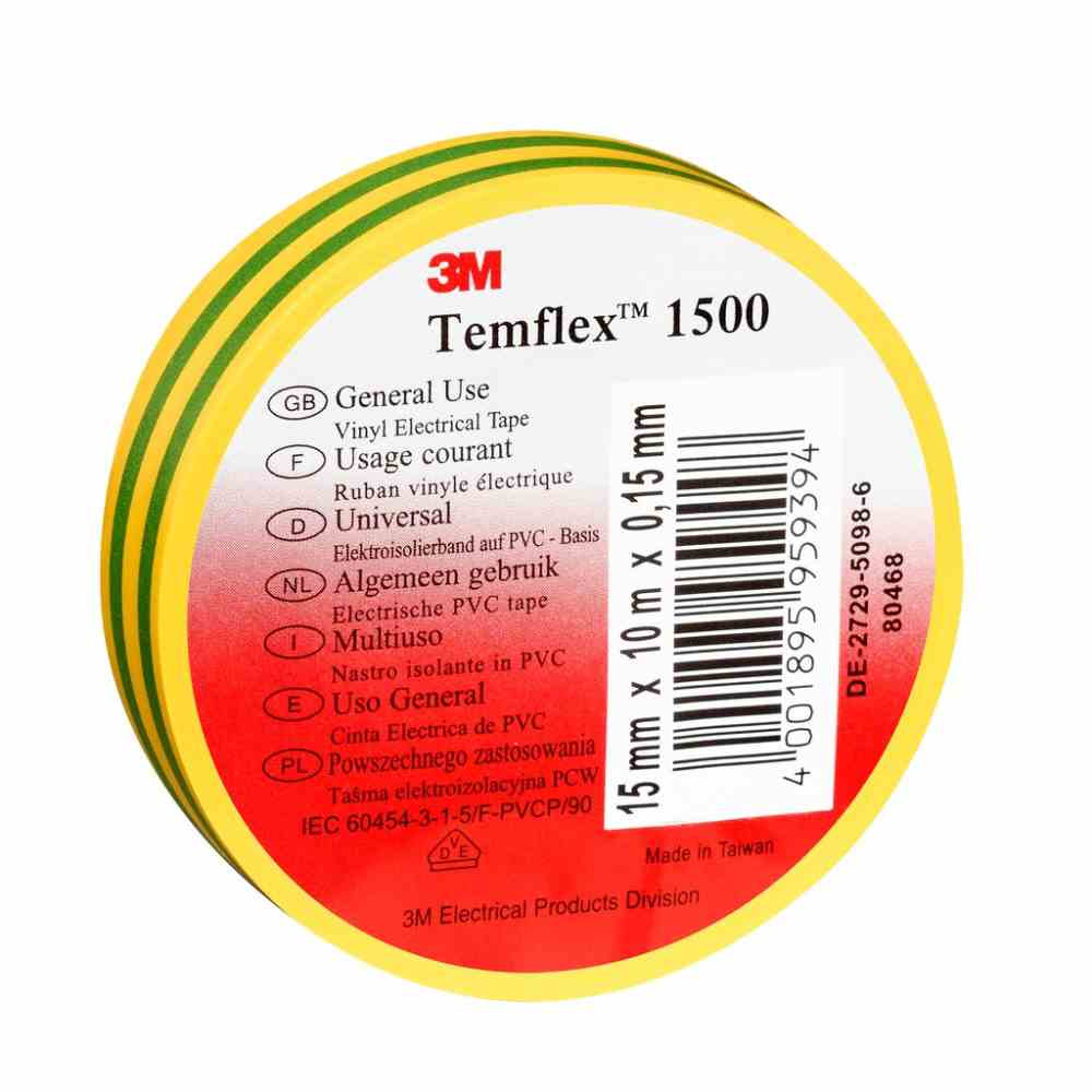 3M TEMFLEX Isolierband, PVC, 19mm, 25m, grün/gelb, UV-beständig, 90°C, 0,15mm, selbstverlöschend – Temflex150019x25gy (10 RO)