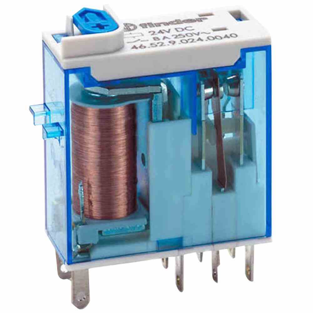 FINDER Relais, LED-Anzeige polaritätsneutral, 2 Wechsler 8 A, Spule 24 V DC mit Steckanschlüssen – 465290240074