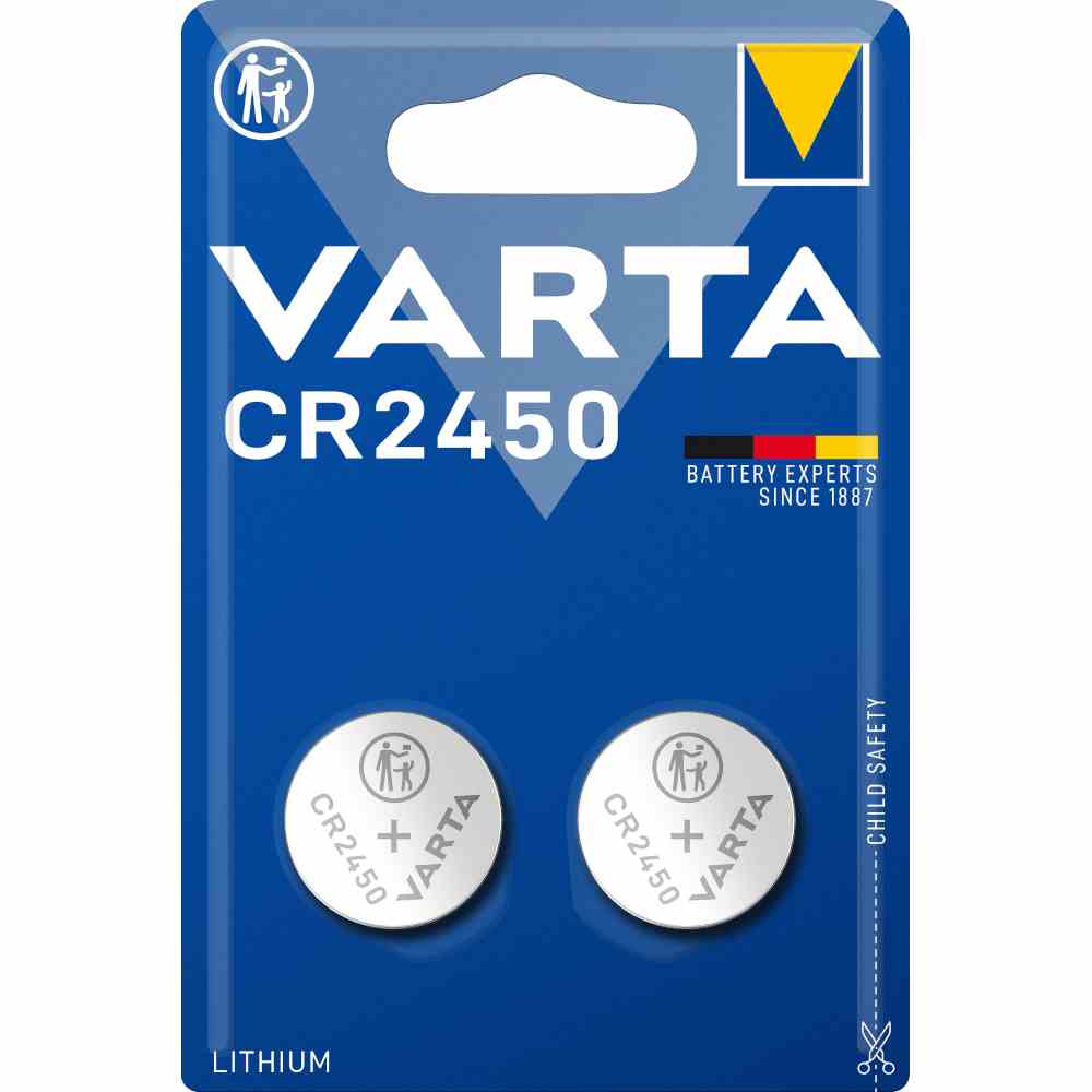 VARTA CR2450 Knopfzelle, 3V, Lithium, 560mAh, Ø24,5x5mm, ELECTRONICS, VE = 2er Blister – CR2450 VARTA CR2450 Knopfzelle, 3V, Lithium, 560mAh, Ø24,5x5mm, ELECTRONICS, VE = 2er Blister – CR2450