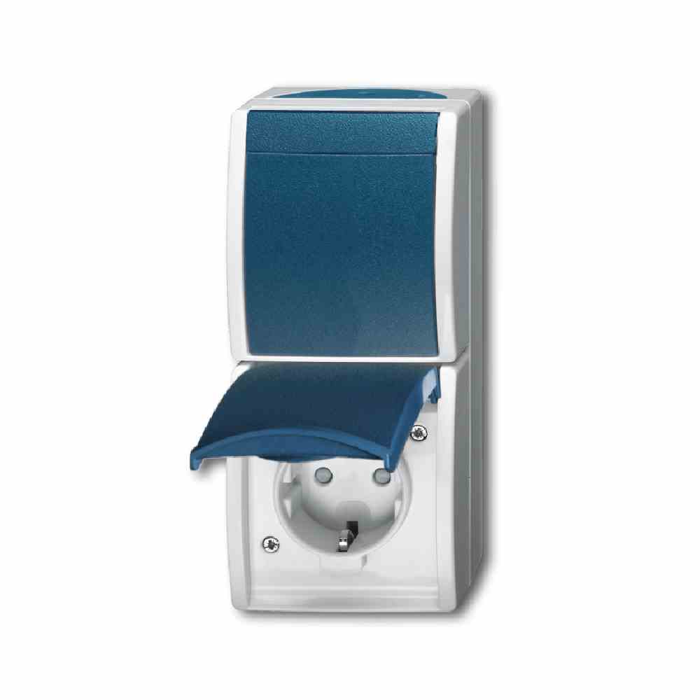 BUSCH-JAEGER OCEAN Kombination Steckd/Schalt, Wechselschalter, Aufputz, grau/blau-grün, IP44, matt – 2601/6/20 EBW-53