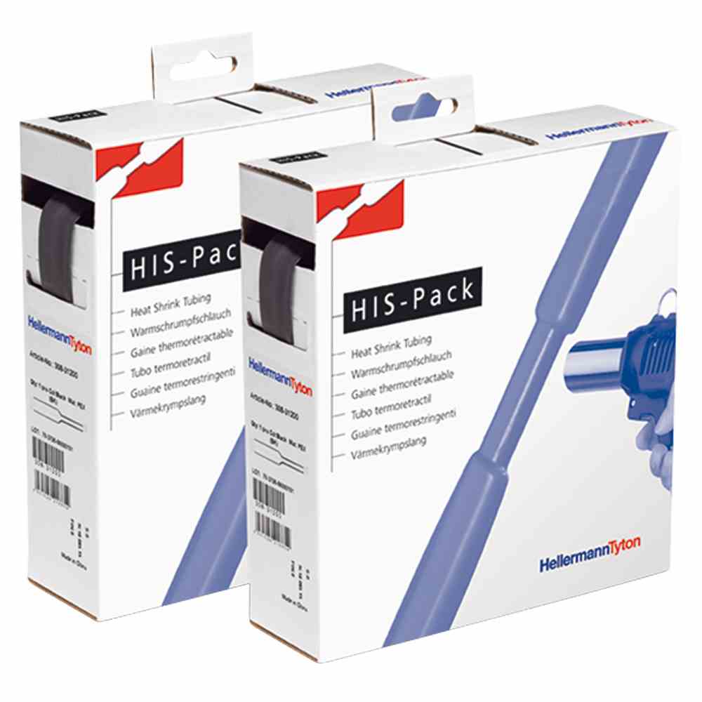 HELLERMANN TYTON Schrumpfschlauch, dünnwandig, L=5m, Ø19,1/9,5mm, schwarz, 2:1, 0,80mm, -55-125°C, Polyolefin(PEX) – HIS-PACK-19.1/9.5 PO-X BK 5