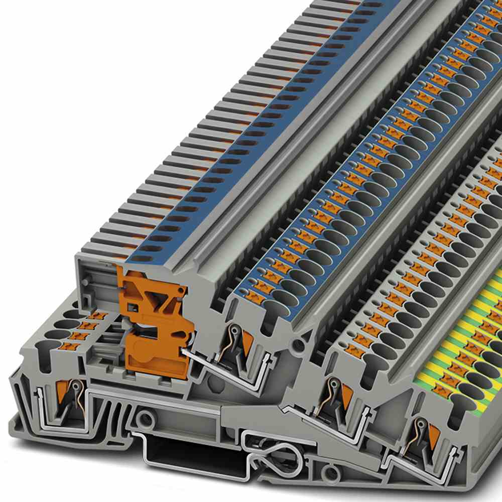 PHOENIX Installationsklemme, 32A, 0,2-6mm², 3pot, grau, mit N-Trennschlitten, Abschlussplatte erforderlich, Steckklemmanschluss, schräg – PTI 4-PE/L/NT