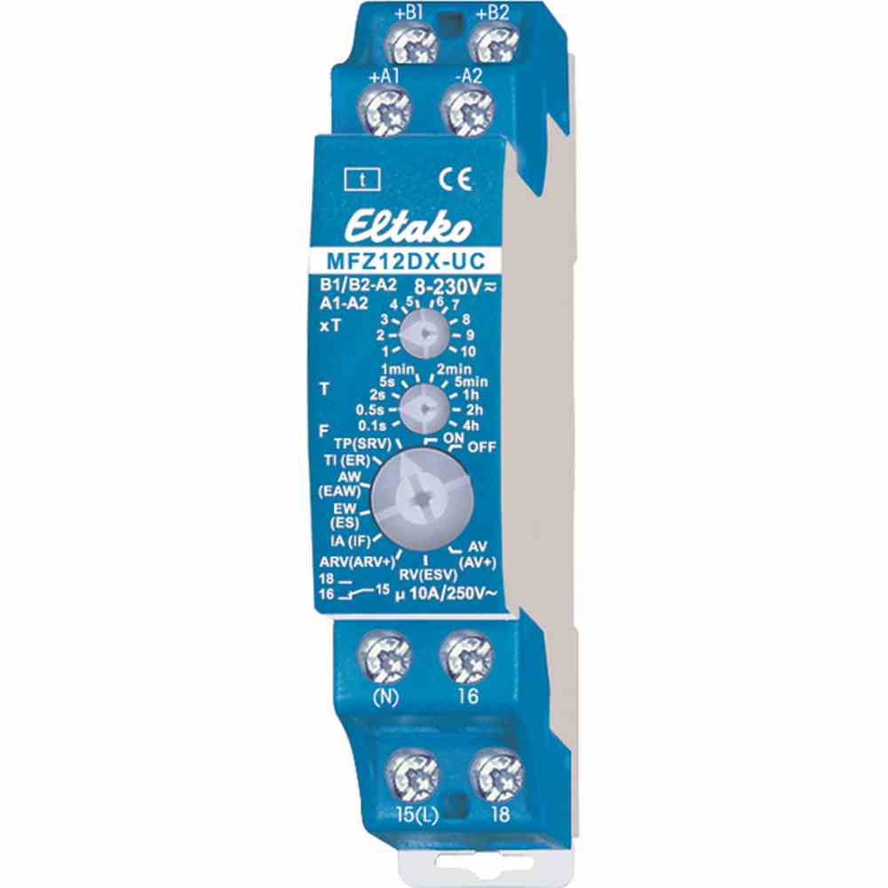 ELTAKO Zeitrelais REG, 8-230V, AC/DC, analog mit Multifunktion, Multifunktion, 0,1-40Minuten/Stunden, 1TE, 1W, 8-230V/AC/DC