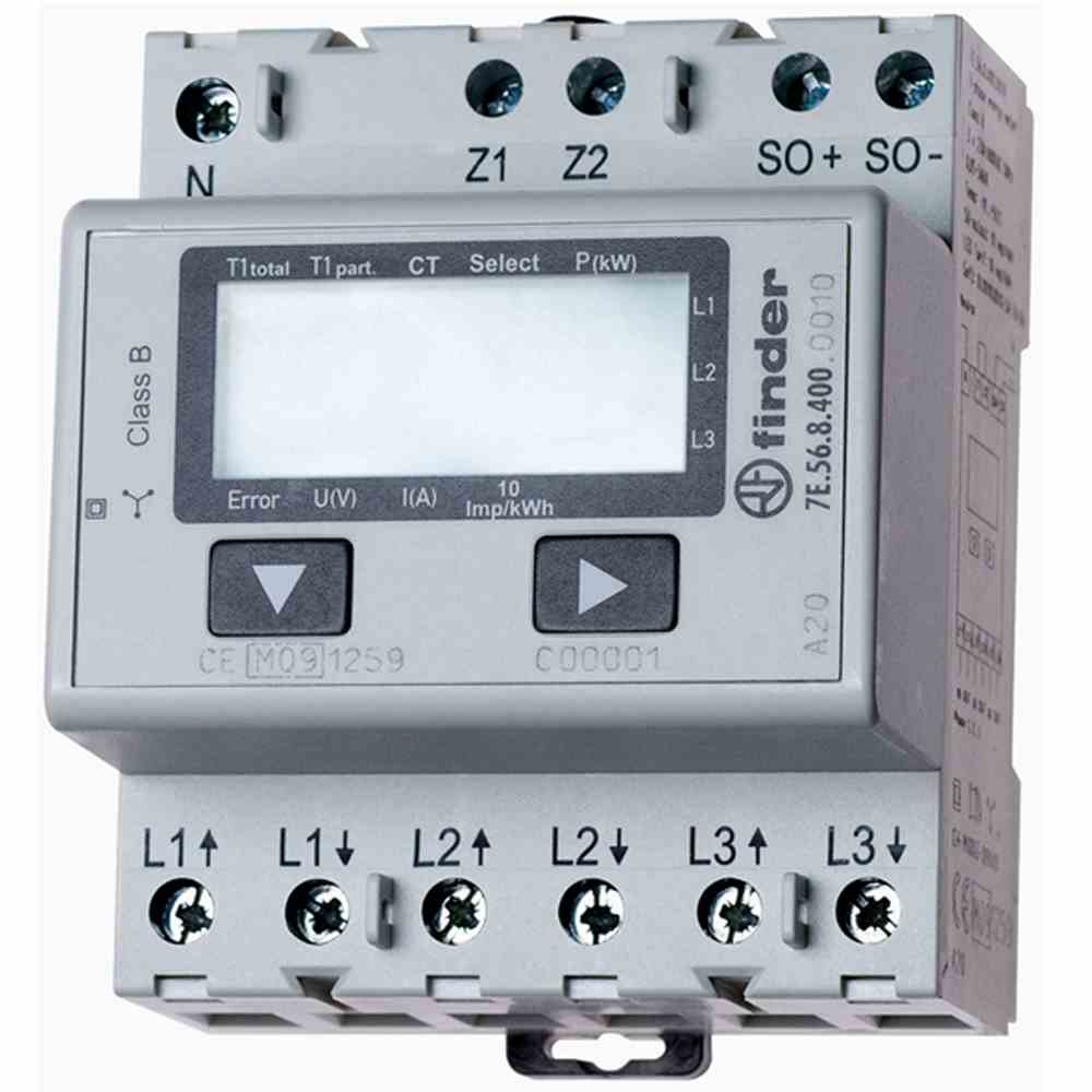 FINDER Zähler, wandlerfähig, 3-Phasen Drehstrom, max. 6 A, LCD MF Display , SO Schnittstelle, MID konform – 7E5684000010
