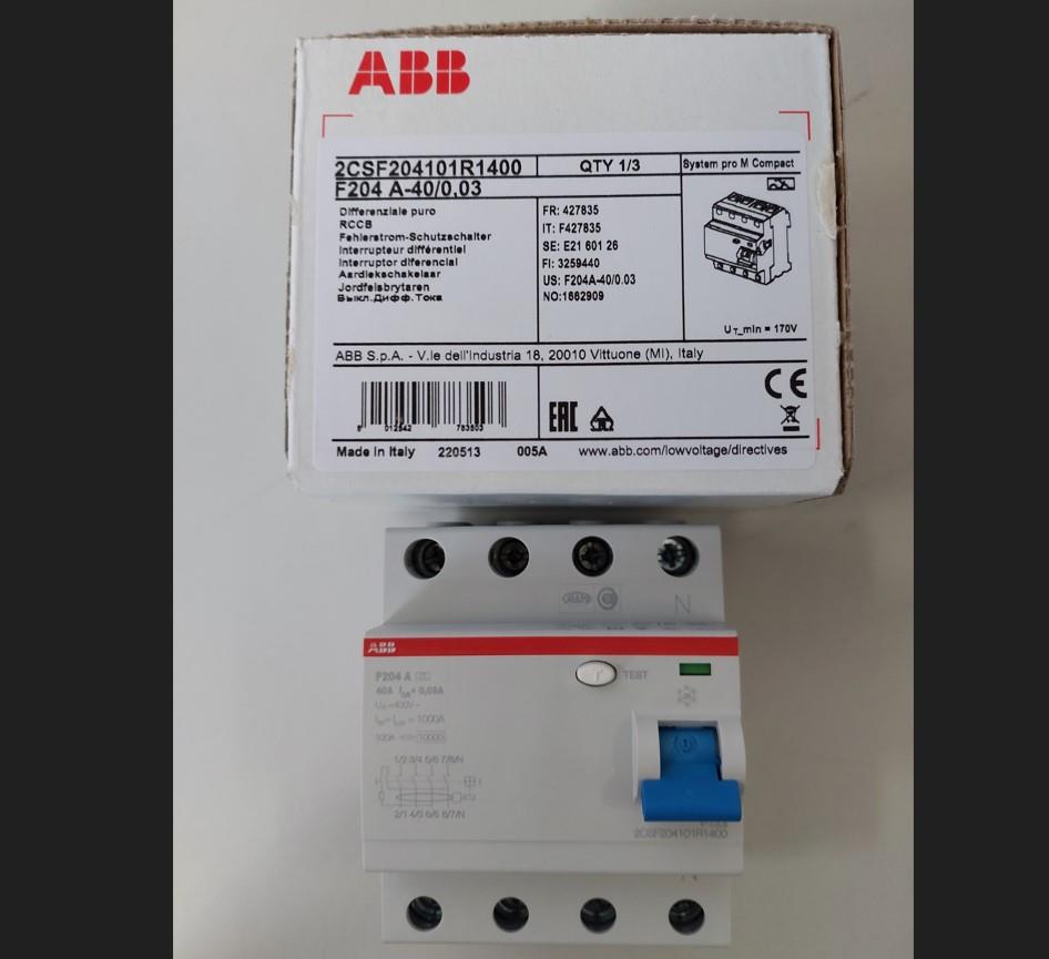 ABB FI-Schutzschalter, A, 4p, 400V, 40A, 0,03A, 4TE, DIN-Schiene(REG), 10kA, 0,25kA/stoß