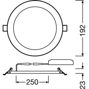 LEDVANCE LED-Einbaustrahler, 17W, Konverter, 1LED, 3000K, 1350lm, Aluminium, IP20 extrem breitstrahlend >80°, Ø192x23mm –