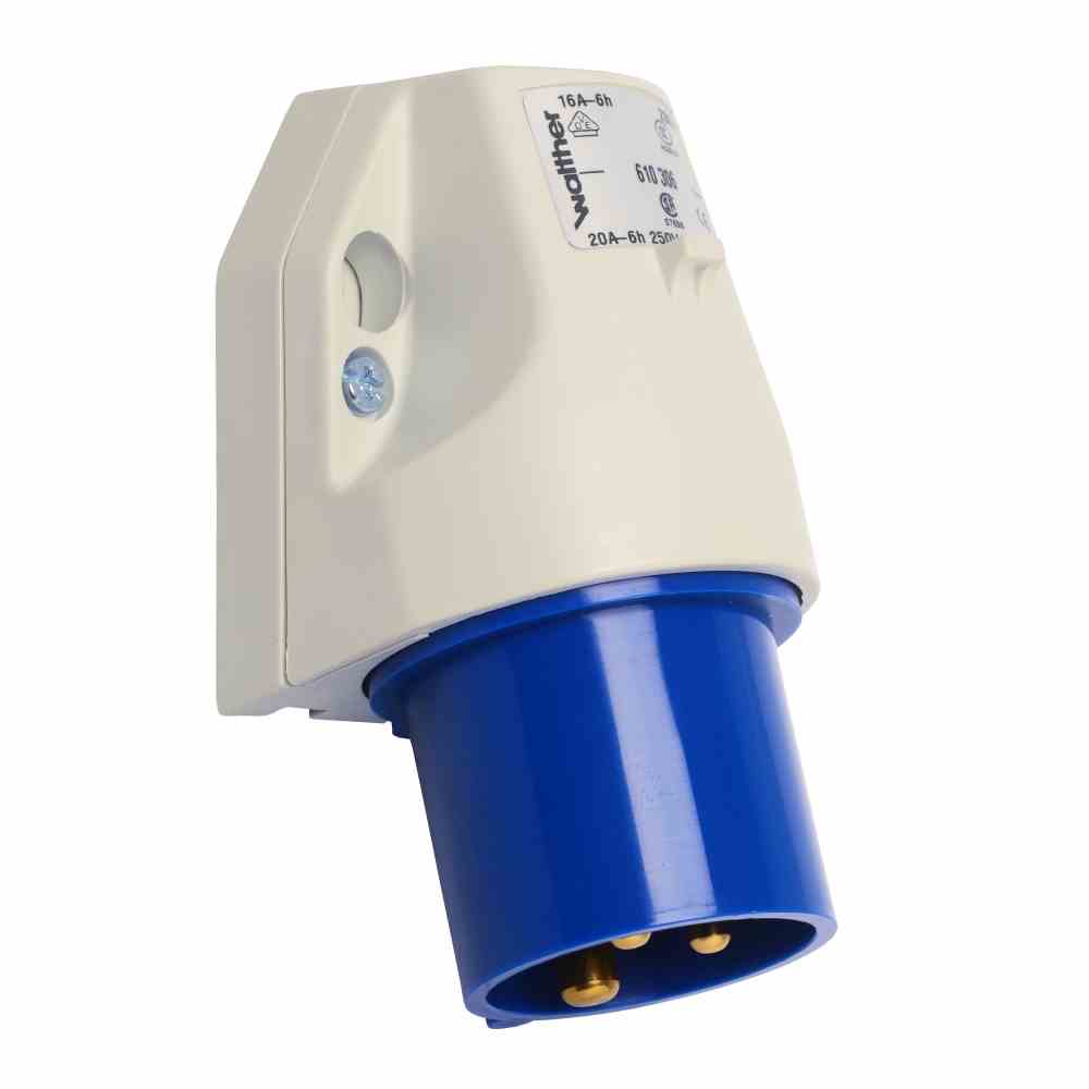 WALTHER CEE-Gerätestecker, 3p, 16A, 230V (50+60Hz) blau, 6h, IP44, Schraubklemme, abgewinkelt, Kunststoff, Aufbaugerätestecker – 610306