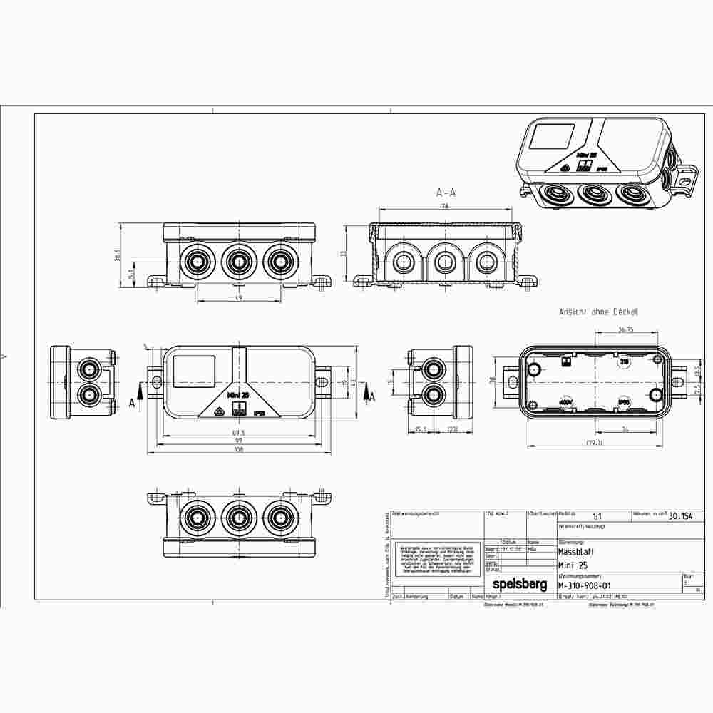 SPELSBERG Mini 25-L Abzweigkasten, IP55, 2,5mm², 89x43x37mm, grau, ohne Bestückung, Kunststoff, Wand-/Deckenmontage, halogenfrei