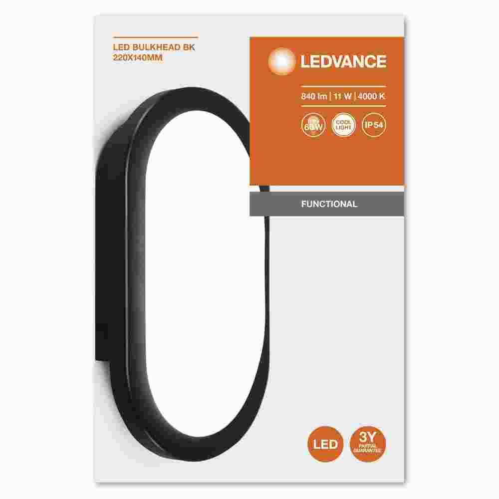 LEDVANCE LED-Ovalleuchte, 11W, 4000K, 800lm, schwarz, matt, Konverter, IP54, Kunststoff opal –