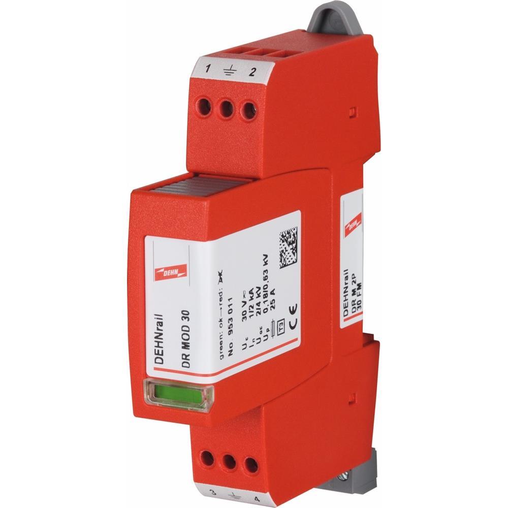 DEHN Überspannungsschutz, 24VAC, mit Fernmeldekontakt, 2p, Hutschiene 35mm, optisch, 630kV – DR M 2P 30 FM