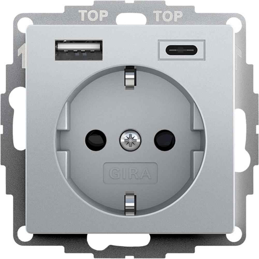 GIRA Steckdose, 1f, aluminium, Mit eingebauter USB-Spannungsversorgung, Unterputz, Schutzkontakt/USB, IP20, Zentralplatte – 245926