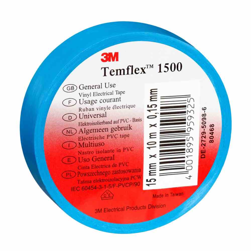 3M TEMFLEX Isolierband, PVC, 19mm, 25m, blau, UV-beständig, 90°C, 0,15mm, selbstverlöschend – Temflex150019x25bl