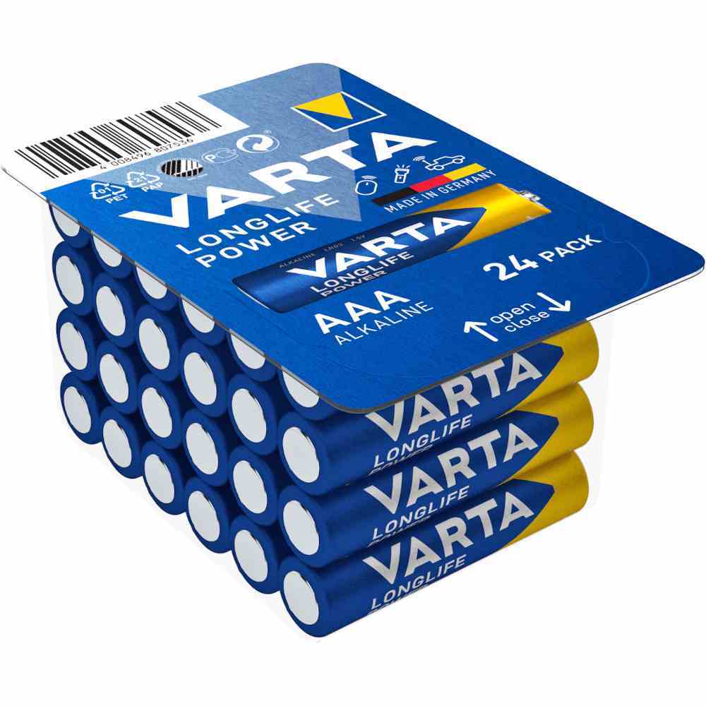 VARTA Micro Batterie (AAA/AM4), 1,5V, LR03, Alkali-Mangan, 1260mAh, Ø10,5x44,5mm, LONGLIFE POWER, VE = 24 Stück in der Box – 4903