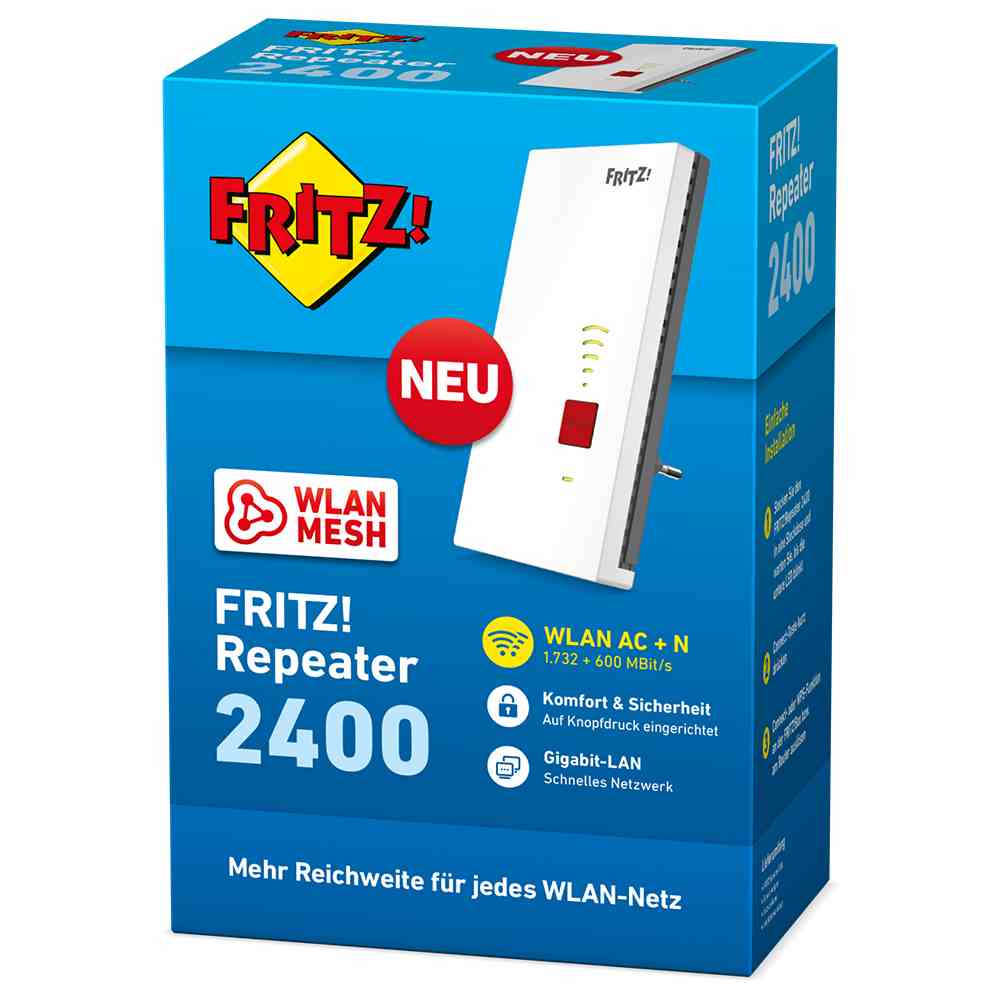 AVM WLAN Repeater, 2333Mbps, 1x10/100mbit, WPA2, 2,4-5GHz, Ethernet, Repeaterfunktion – AVM FRITZ!Repeater 2400