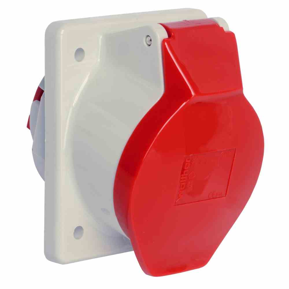 WALTHER CEE-Anbausteckdose, 5p, 32A, 400V (50+60Hz) rot, 6h, IP44, Schraubklemme, abgewinkelt, Kunststoff, 95x80mm – 530