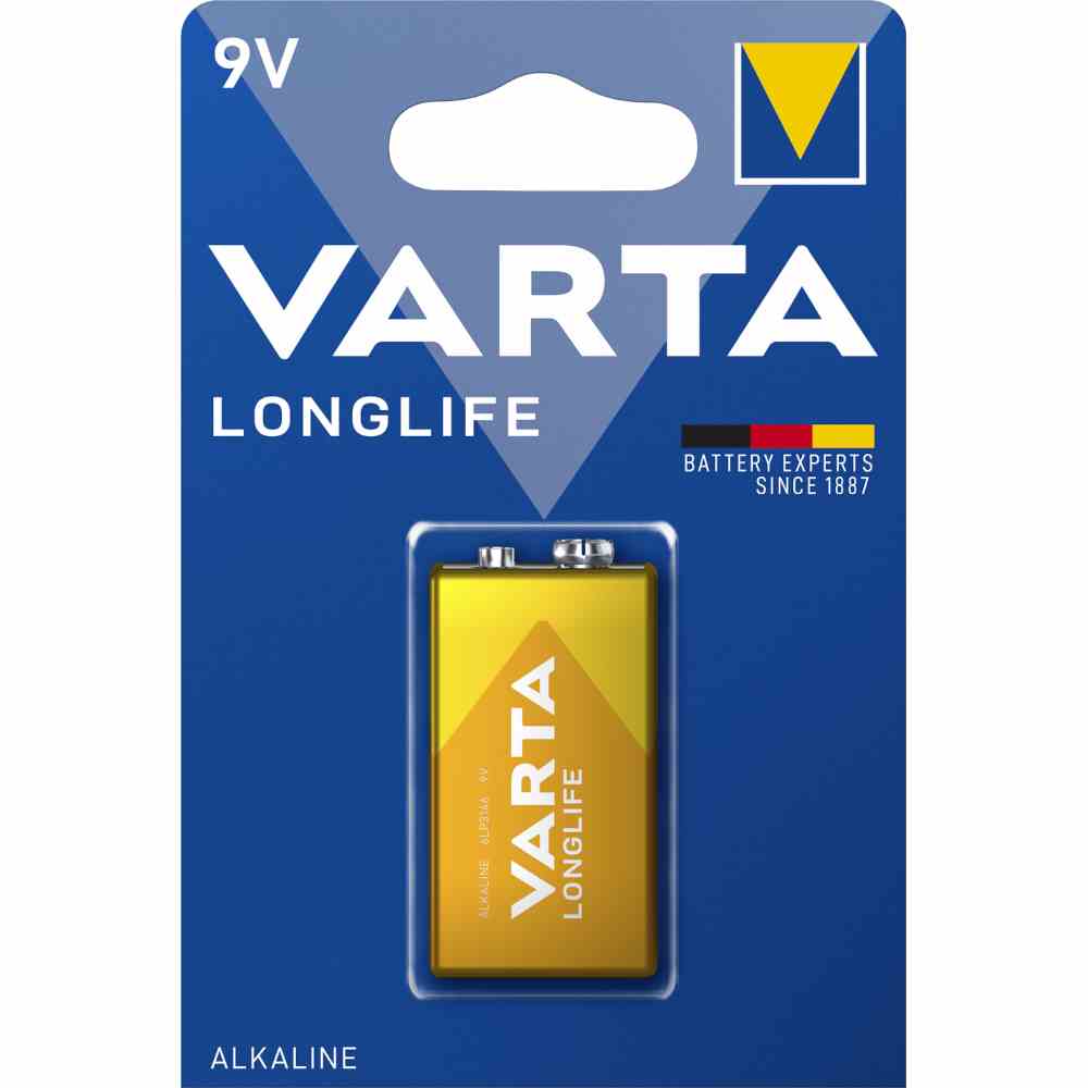 VARTA E-Block Batterie (6AM6), 9V, 6LR61, Alkali-Mangan, 565mAh, 17,5x48,5x26,5mm, LONGLIFE, VE = 1er Blister – 4122