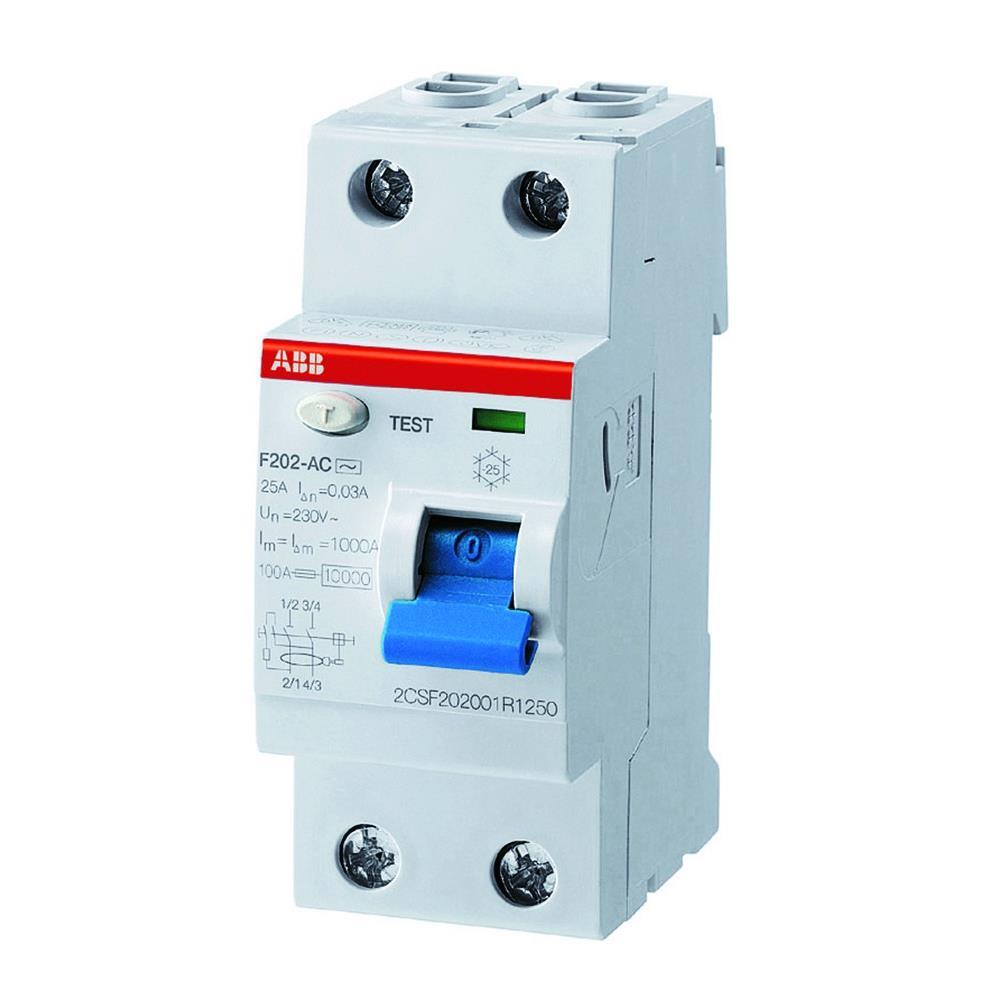 ABB FI-Schutzschalter, A, 2p, 230V, 25A, 0,03A, 2TE, DIN-Schiene(REG), 10kA, 0,25kA/stoß