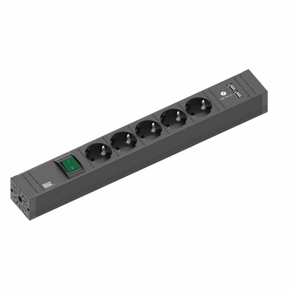 BACHMANN Steckdosenleiste, 5f, schwarz, Ein-/Ausschalter, 2m, 45°, IP20, 1,5mm² – 420.0021