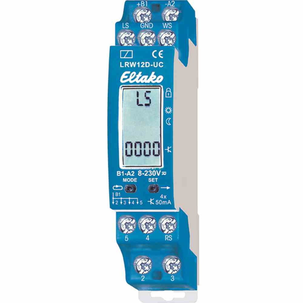ELTAKO LRW12D-UC Licht-Dämmerungs-Regen-Wind-Sensorrelais REG mit Anzeige, 4 OptoMOS-Halbleiterausgänge 50mA/8..230V UC – LRW12D-UC