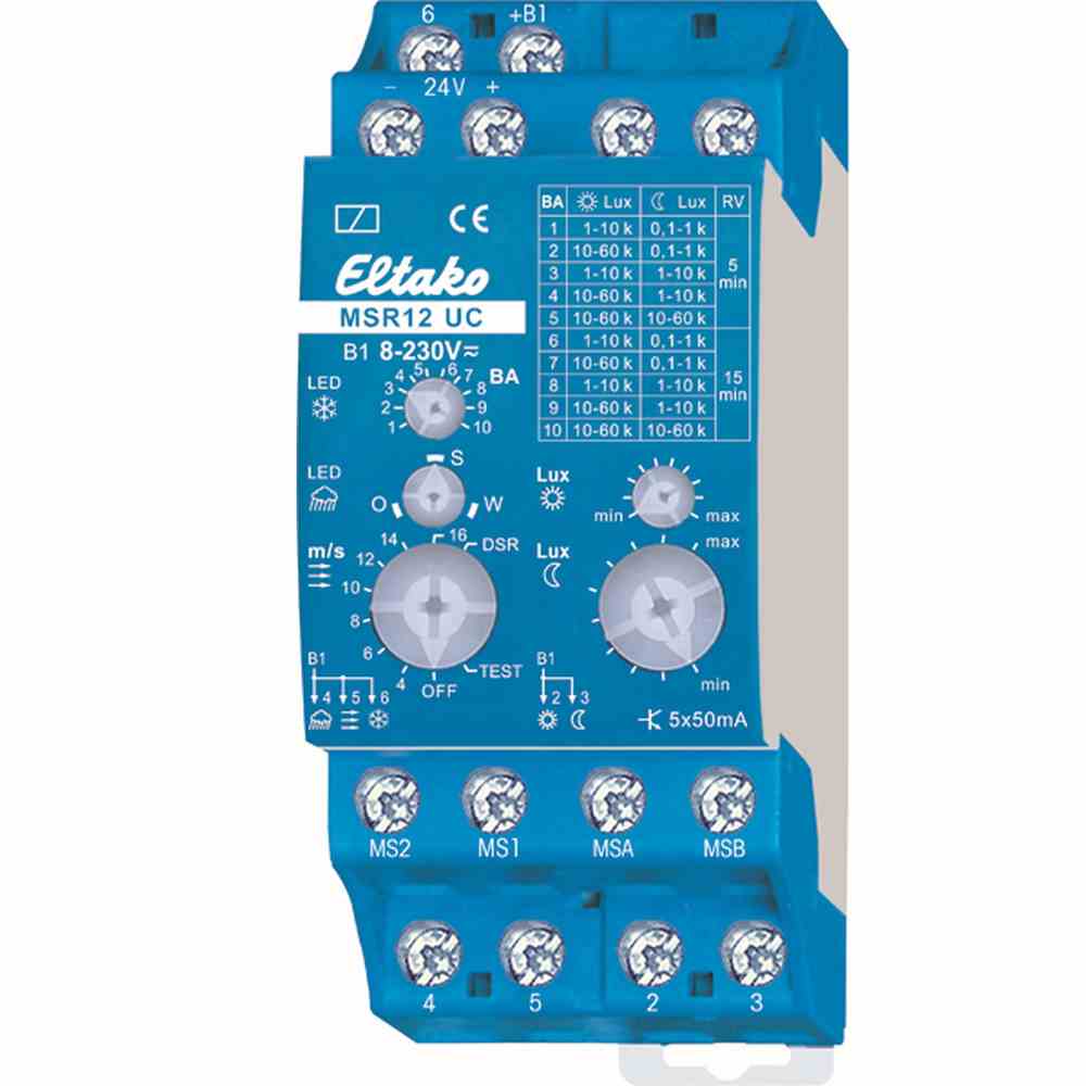 ELTAKO MSR12-UC Multifunktions-Sensorrelais REG für Helligkeit, Dämmerung, Wind, Regen und Frost, 5 OptoMOS-Halbleiterausgänge 50mA/8..230V UC – MSR12-UC