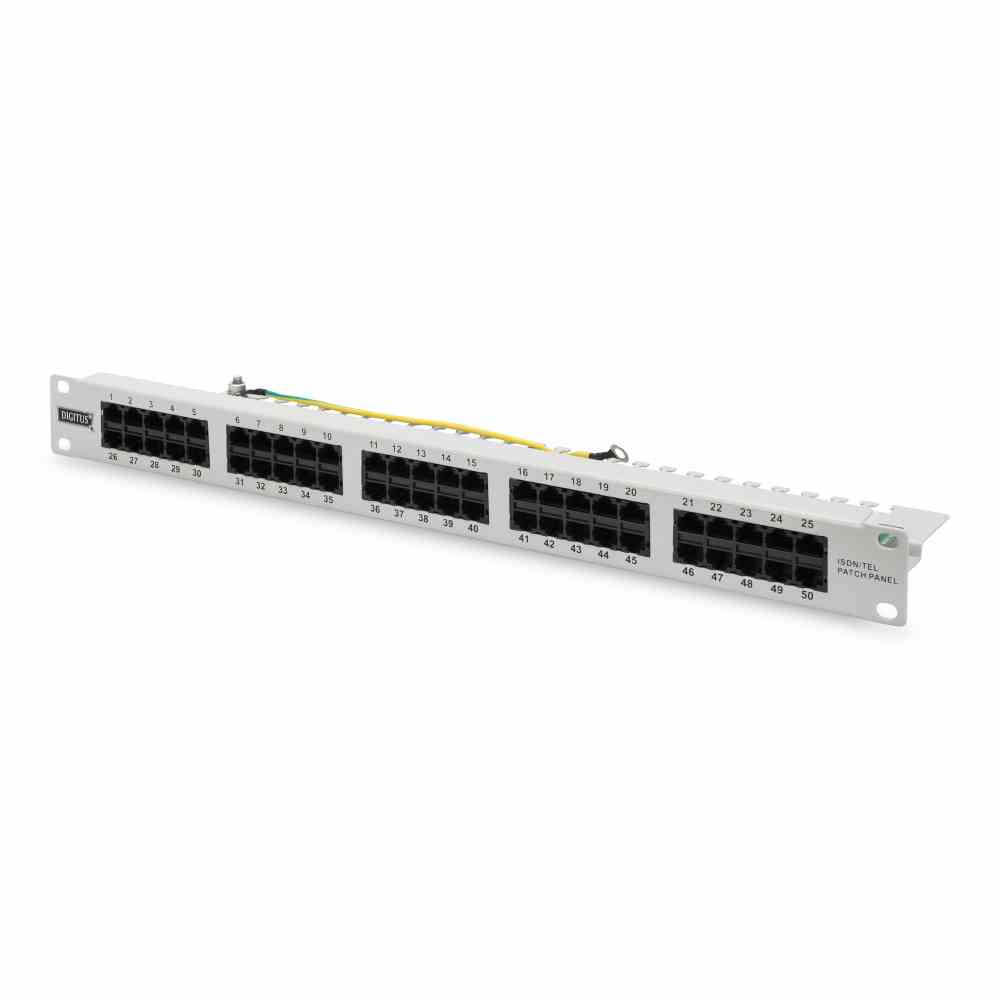 DIGITUS CAT 3 ISDN Patch Panel, ungeschirmt 50-Port RJ45, 8P4C, LSA, 1HE, Rack Mount, Farbe Grau RAL7035 – DN-91350-1