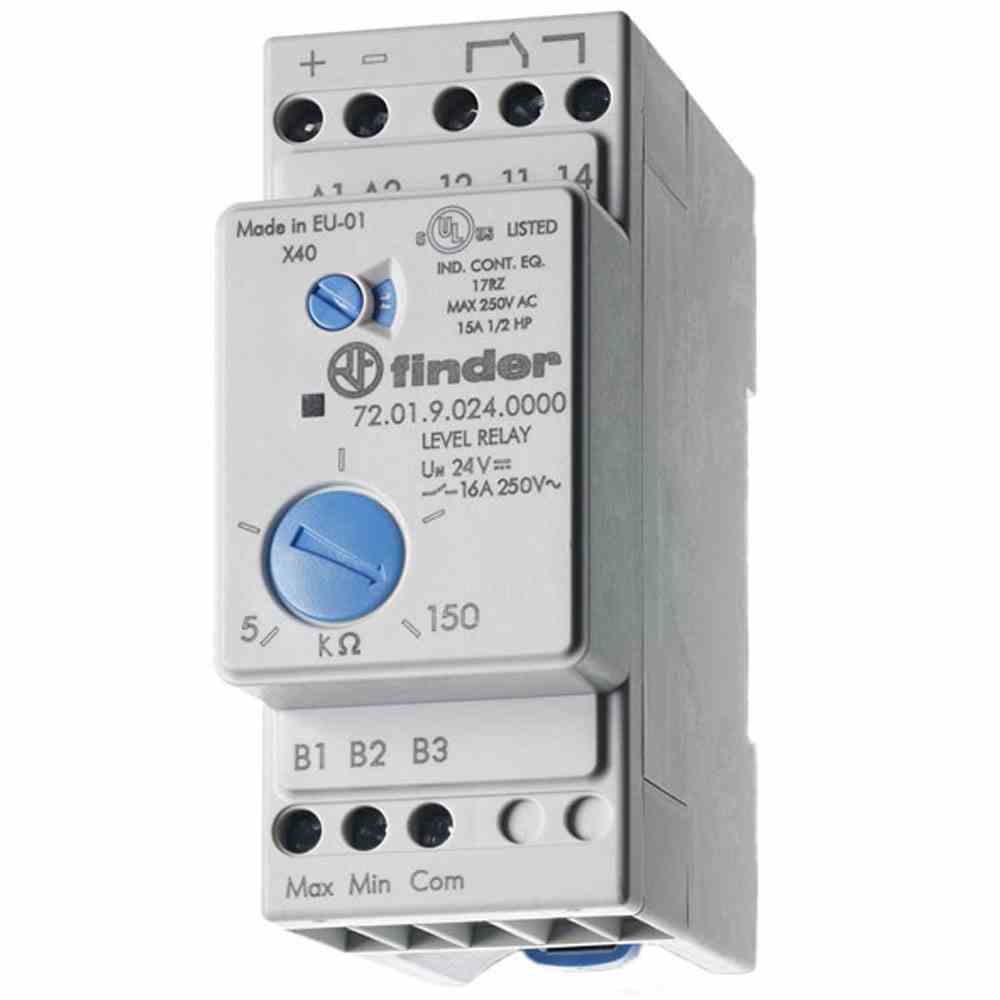 FINDER Niveauwächter, für leitfähige Flüssigkeiten, 1 Wechsler 16 A , einstellbar 5 bis 150 kOhm, für 230 V AC FINDER Niveauwächter, für leitfähige Flüssigkeiten, 1 Wechsler 16 A , einstellbar 5 bis 150 kOhm, für 230 V AC
