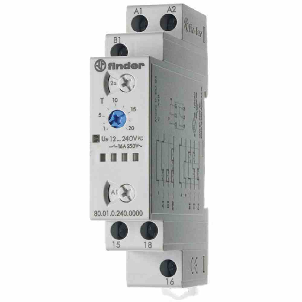 FINDER Zeitrelais, 6 Zeitfunktionen, 1 Wechsler 16 A, für 12 bis 240 V AC/DC Multifunktion und Multispannung – 800102400000