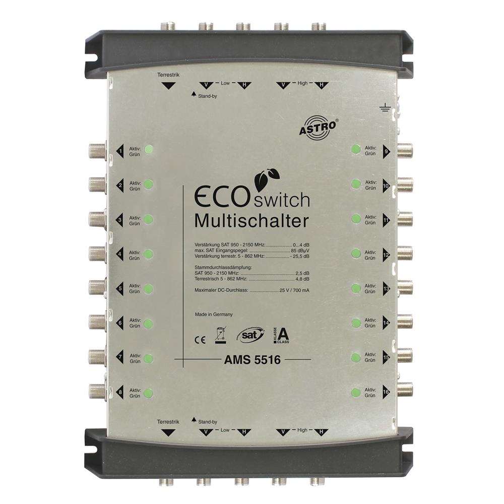 ASTRO AMS 5516 ECOswitch Kaskadierbarer Multischalter für das AMS 5er Ecoswitch-System, 5 Eingänge für eine Satellitenposition plus Terrestrik, 16 Teilnehmerausgänge – AMS 5516 Ecoswitch