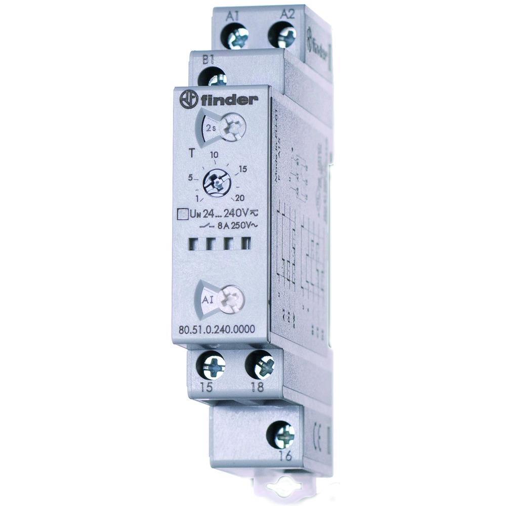 FINDER Zeitrelais, 24-240V/AC, 24-240V/DC, 0.1s-24h, Funktion ansprechverzögert, Funktion rückfallverzögert, Funktion einschaltwischend – 805102400000