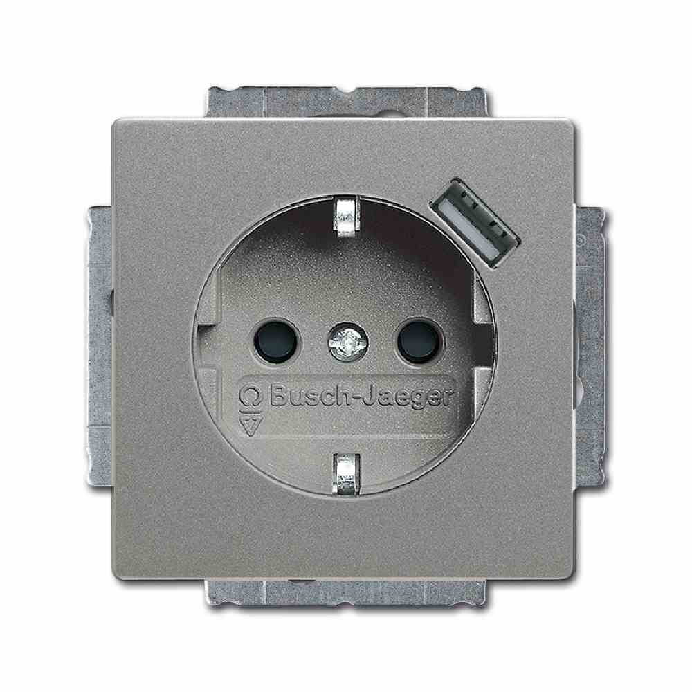 BUSCH-JAEGER solo Steckdose, 1f, grau, metallic, mit eingebauter USB-Spannungsversorgung, Unterputz, mit erhöhtem Berührungsschutz, horizontal/vertikal – 20 EUCBUSB-803