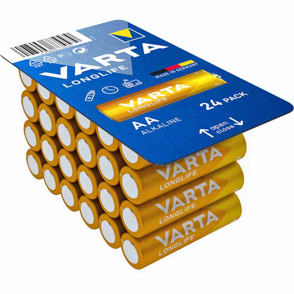 VARTA Mignon Batterie (AA/AM3), 1,5V, LR6, Alkali-Mangan, 2750mAh, Ø14,5x50,5mm, LONGLIFE, VE = 24 Stück in Box – 4106