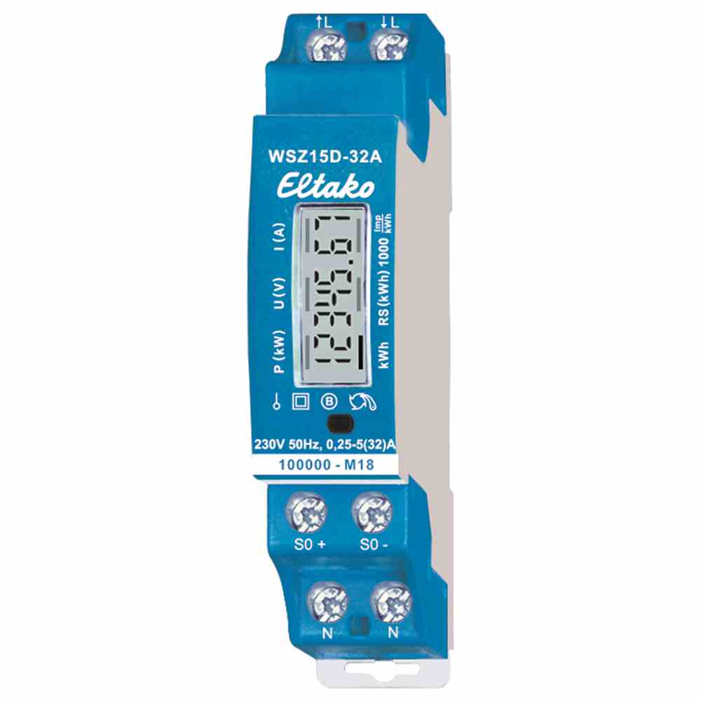 ELTAKO Wechselstromzähler, B, 32A, elektronisch, digital, geeicht, 5A, 230V/N-L, 230V/L-L, Eintarif, 50Hz, S0, 2000kvarh