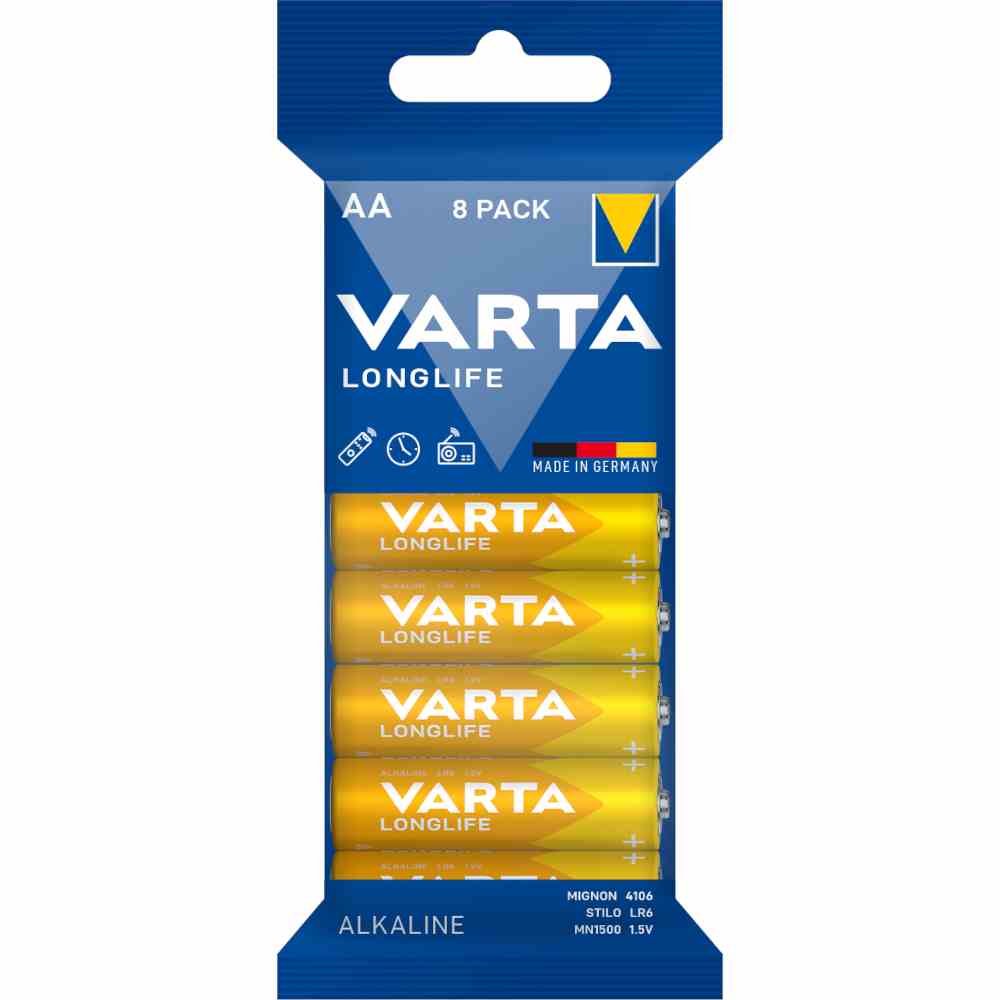 VARTA Mignon Batterie (AA/AM3), 1,5V, LR6, Alkali-Mangan, 2700mAh, Ø14,5x50,5mm, LONGLIFE, VE = 8er Blister – 4106