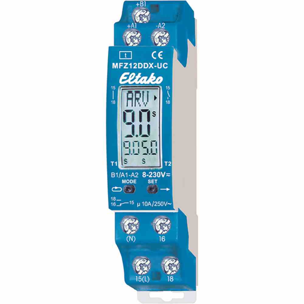 ELTAKO Zeitrelais REG, 8-230V, AC/DC, digital mit Multifunktion, Multifunktion, 0,1-40Minuten/Stunden, 1TE, 1W, 8-230V/AC/DC – MFZ12DDX-UC