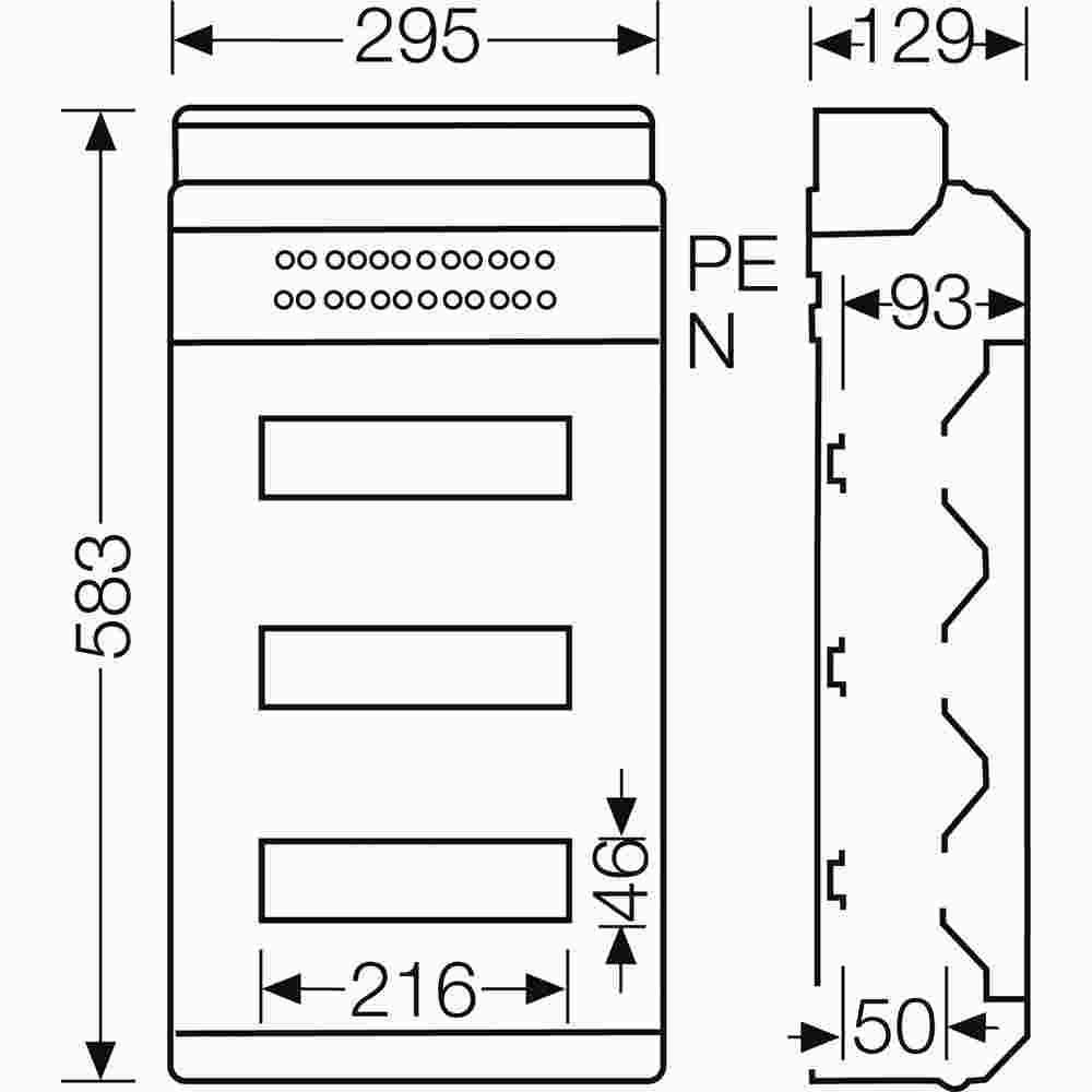 HENSEL KV 9336 Kleinverteiler, IP65, 3-reihig, 36 Teilungseinheiten: 3 x 12 x 18 mm, 583x295x129mm, Einbautiefe 93mm, DIN-Tragschiene, Hutprofil 35 mm