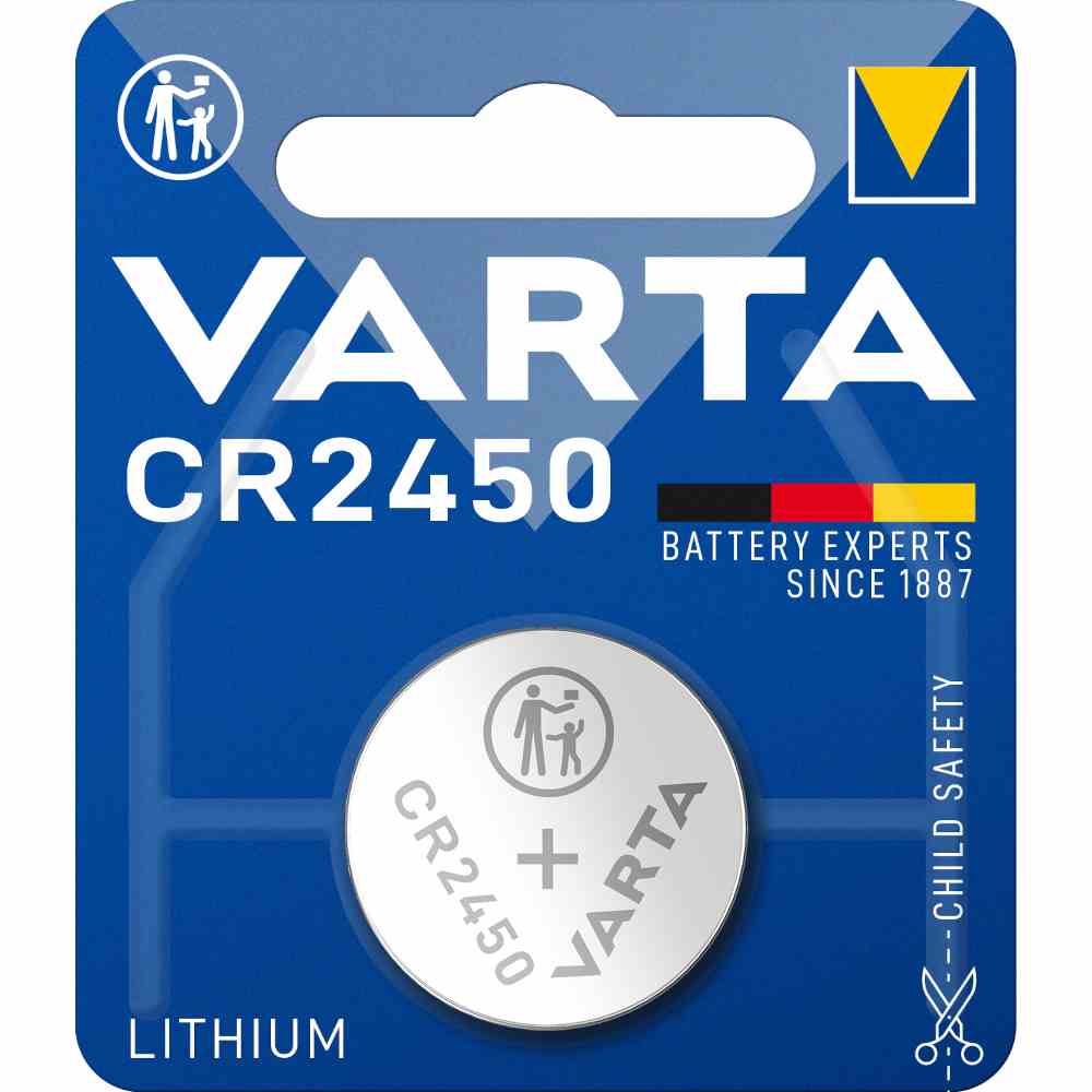 VARTA CR2450 Knopfzelle, 3V, Lithium, 560mAh, Ø24,5x5mm, ELECTRONICS, VE = 1er Blister VARTA CR2450 Knopfzelle, 3V, Lithium, 560mAh, Ø24,5x5mm, ELECTRONICS, VE = 1er Blister