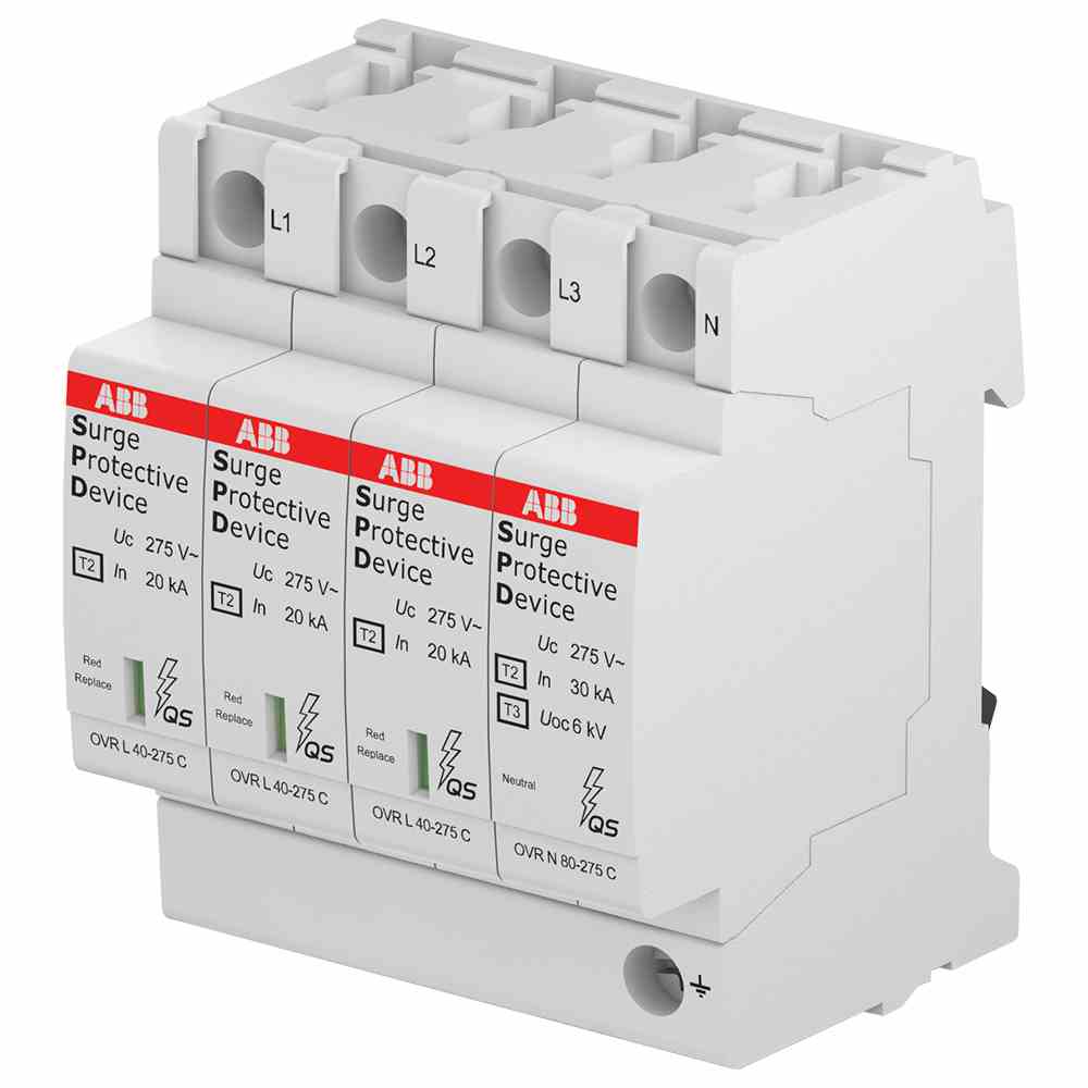 ABB Überspannungsableiter, TN-S, 230VAC, 1,25kV, 4TE, Hutschiene 35mm, 20kA, optisch – OVR T2 4L 40-275 P