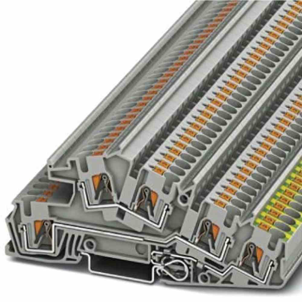 PHOENIX Installationsklemme, 32A, 0,2-6mm², 3pot, grau, Abschlussplatte erforderlich, Steckklemmanschluss, oben – PTI 4-PE/L/L
