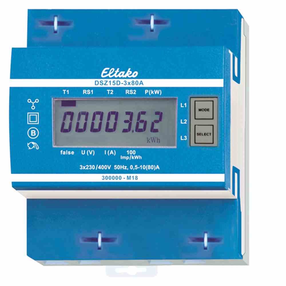 ELTAKO Drehstromzähler, B, 3x80A, elektronisch, digital, geeicht, 10A, 230V/N-L, 400V/L-L, Zweitarif, 50Hz, S0, 1000kvarh