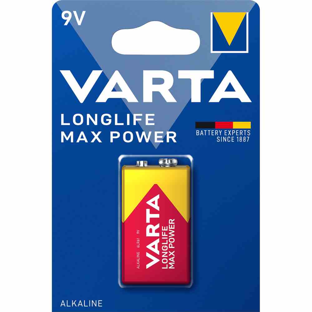 VARTA E-Block Batterie (6AM6), 9V, 6LR61, Alkali-Mangan, 580mAh, 17,5x48,5x26,5mm, LONGLIFE MAX POWER, VE = 1er Blister – 4722