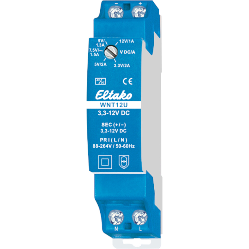 ELTAKO Universal-Schaltnetzteil mit 5 einstellbaren Ausgangsspannungen 3,3 V/2 A, 5 V/2 A, 7,5 V/1,5 A, 9 V/1,3 A, 12 V/1 A – WNT12U/3,3-12VDC