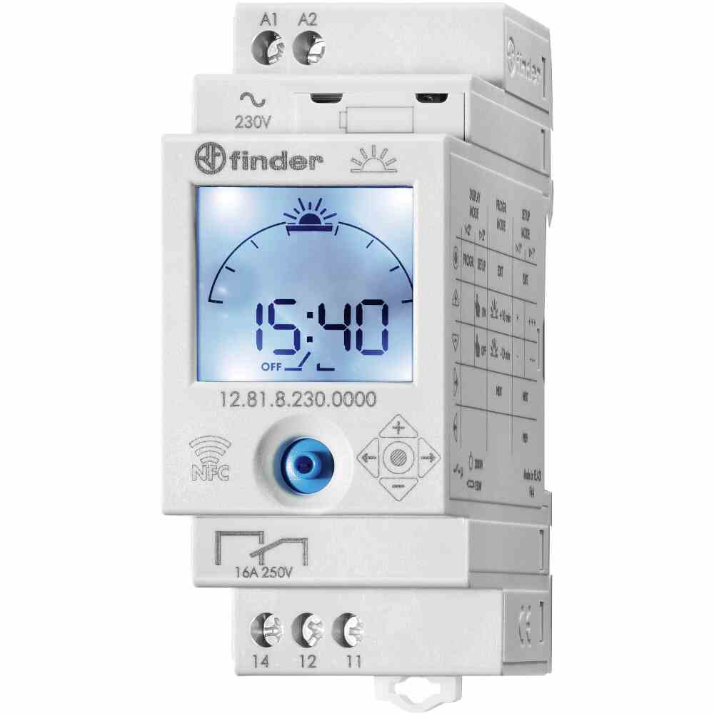 FINDER Elektronische Astroschaltuhr für DIN-Schiene 1 Wechsler 16A 230V, Display beleuchtet, Joystick und NFC – 128182300000