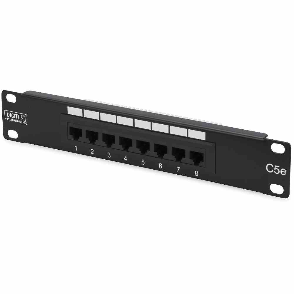 DIGITUS CAT 5e, Klasse D Patch Panel, ungeschirmt 8-Port RJ45, 8P8C, LSA, 1HE, 254 mm(10")Rack Mount Farbe Schwarz RAL9005 – DN-91508U