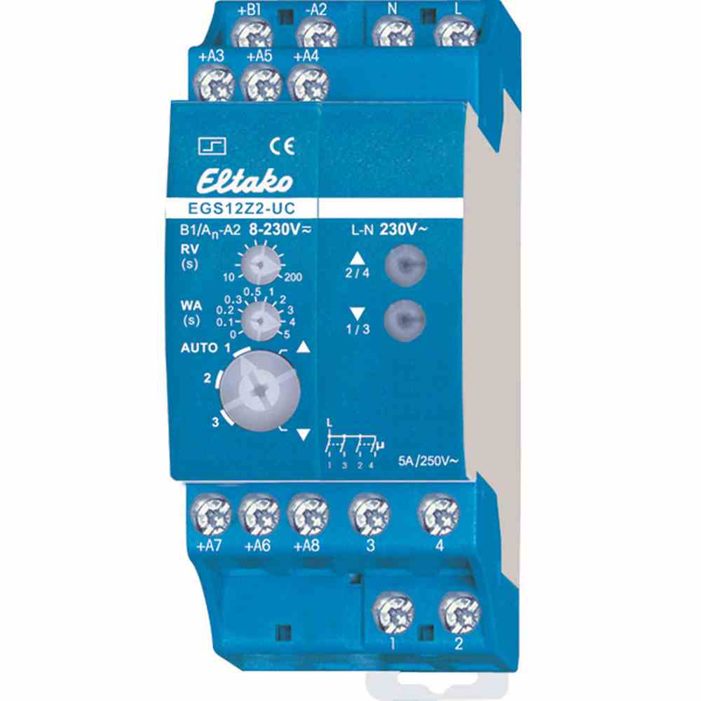 ELTAKO Stromstoßschalter, 8-230VAC/DC, 4S, 2TE, 5A, 8-230V, DIN-Schiene, T58mm, elektronisch Gruppenschalter – EGS12Z2-UC
