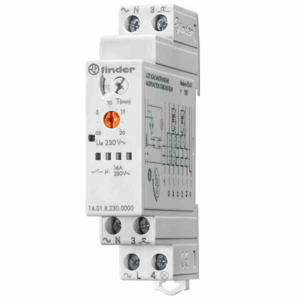 FINDER Treppenhaus-Lichtautomat, Multifunktion, 6 Programme, 1 Schließer 16 A , für 230 V AC – 140182300000